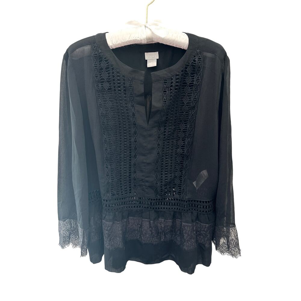 CHICO’S | Black Sheer Lace Eyelet Blouse Top | Size 2 Large (12/14)